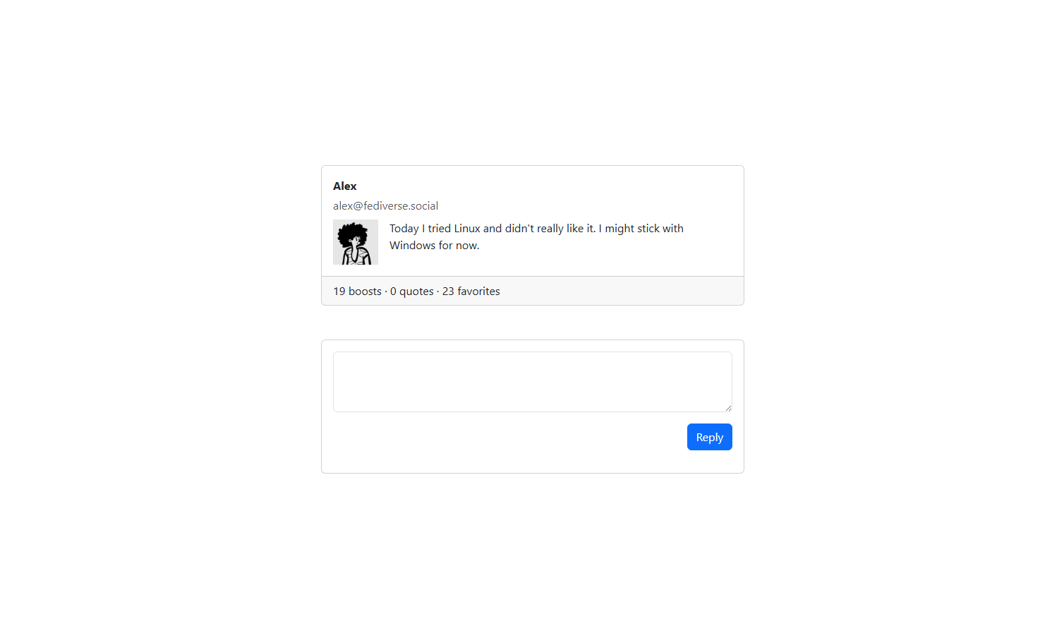 A mock social media post with a reply box.